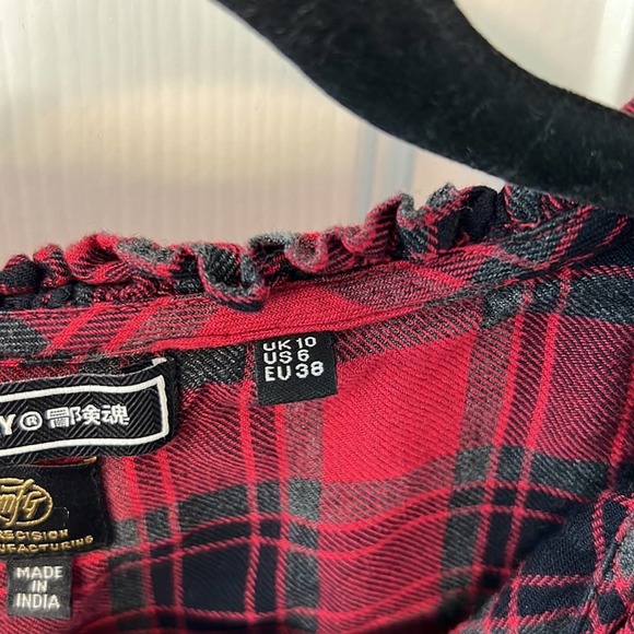 Superdry Vintage Ruffle Trim Check Long Sleeve Shirt Size 6 US - Picture 8 of 14